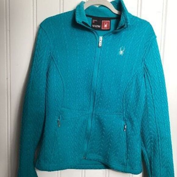 SPYDER Womens Full Zip Cable Knit Jacket Coat  Sz L Turquoise - Picture 1 of 9